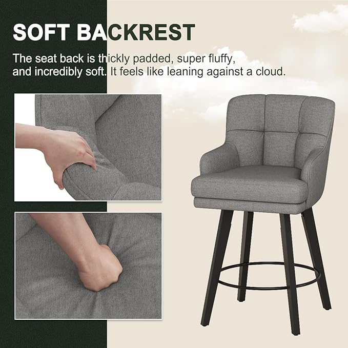 360°Swivel Counter Height Bar Stools with Back, 26 inch Solid Wood Legs, Bar Stool Modern Kitchen Island Chairs, Fabric (Mid-Grey- Fabric, 26" H- Set of 3)