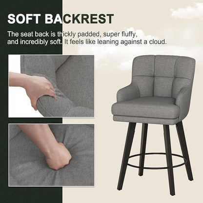 360°Swivel Counter Height Bar Stools with Back, 26 inch Solid Wood Legs, Bar Stool Modern Kitchen Island Chairs, Fabric (Mid-Grey- Fabric, 26" H- Set of 2)