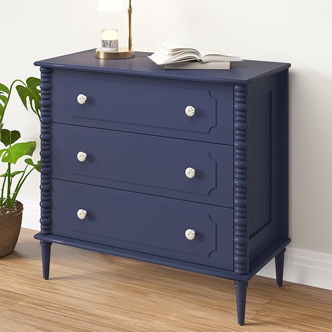 3 Drawer Dresser, 32 inch Wide Dresser for Bedroom, Modern Wood Chest of Drawers, Turned Legs Nightstand with 3 Drawers for Dorms, Hallway, Entryway (Blue)