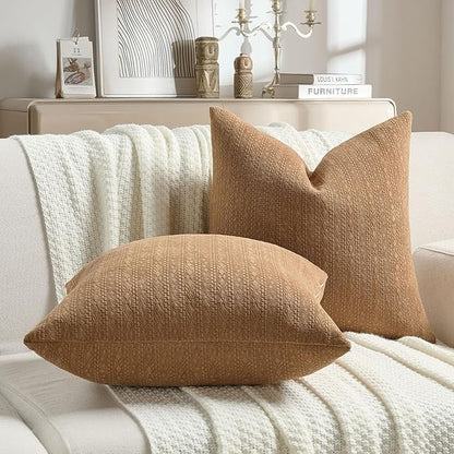 FUTEI Tobacco Chenille Throw Pillow Covers 24x24 Inch Set of 2,Soft Striped & Diamond Textured European Cushion Cases,Modern Home Decor for Couch Living Room