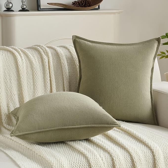 FUTEI Olive Green Chenille Throw Pillow Covers 22x22 Inch Set of 2,Edges Double-Stitched Cushion Cases,Modern Home Decor for Couch Living Room