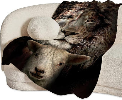 Christian Jesus Lion and Lamb Throw Blanket - Religious Gifts and Decor for Men Women Adults - Soft Warm Cozy Fleece for Couch Sofa Bed 60"x50"