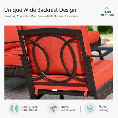 MFSTUDIO 4 Pieces Outdoor Patio Furniture Set, Metal Outdoor Conversation Set, Rattan Wicker Patio Sectional Sofa Set with 2 x Swivel Single Sofa, 2-Seat Sofa, 1 x Coffee Table, Red