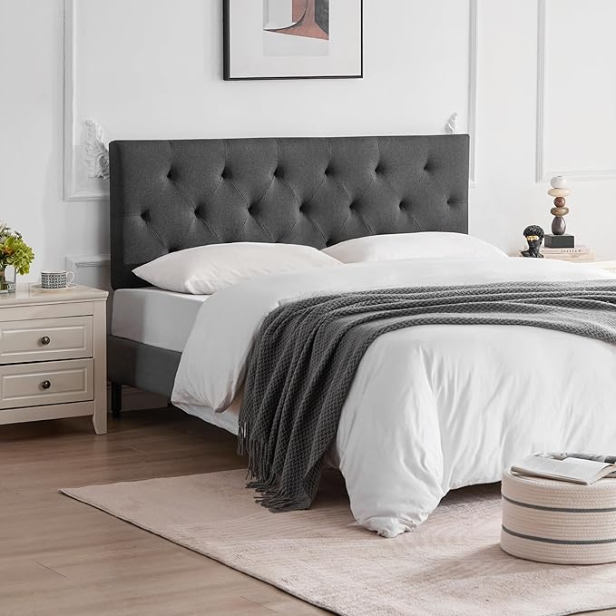 Linen Upholstered Headboard Full Size, Modern Diamond Tufting Solid Wood Full XL Headboard Only, Adjustable Height from 37” to 51” Head Board, Bed Frame or Wall Mount Headboards, Dark Grey