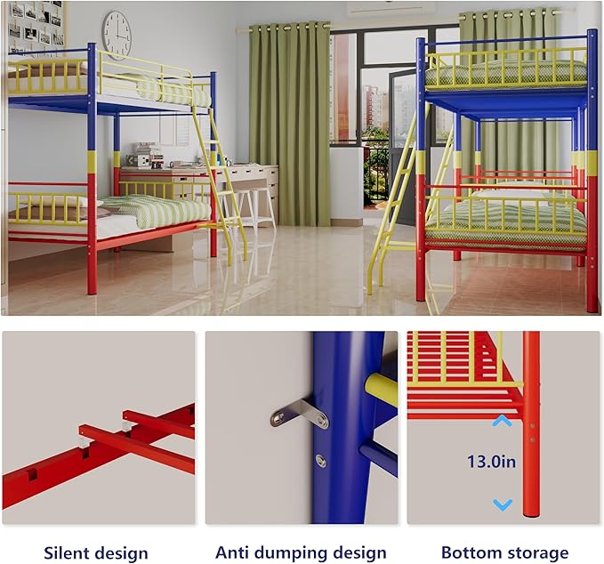 Metal Bunk Bed Twin Over Twin，Loft Bed with Removable Ladder and Full-Length Guardrail，Twin Bunk Beds Frame Heavy Duty Metal Slat Support for Adults, Kids and Young Teens