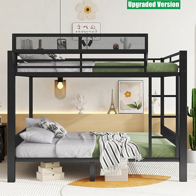 Higher Quality & Stronger Heavy Duty Industrial Style Metal Queen Over Queen Bunk Bed, Thickened More Stable Black Steel Bunkbed Bunk Queen Bed (Easier to Assemble)