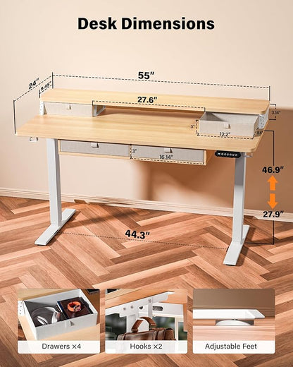 FiCiHi Adjustable Height Standing Desk with 4 Drawers,55 x 24 inches Electric Sit Stand Home Office Desk with Two Tiers, 3 Memory Presets, Monitor Stand Riser