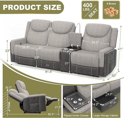 Recliner Sofa, 2 - Way Multi - Function Manual 3 Seater Couch with Cup Holders, Storage & USB Ports, Modern Multifunctional Sofa, Grey Linen & Leather Reclining Couch for Living Room