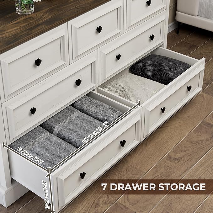 Farmhouse 7 Drawer Dresser for Bedroom, 54" Wide Wooden Dresser with Natural Texture & Vintage Metal Knobs, Large Chest of Drawers for Bedroom, Living Room, Hallway, Antique White