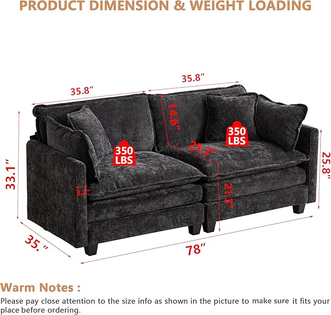 Aoowow Modular Sectional 2 Seater Cloud Sofa Couch for Living Room,78" Loveseat Couch with Deep Seat,Modern Chenille 2 Seat Sofas,Fluffy Small Couches for Bedroom,Small Spaces (Black, 2 Seater)