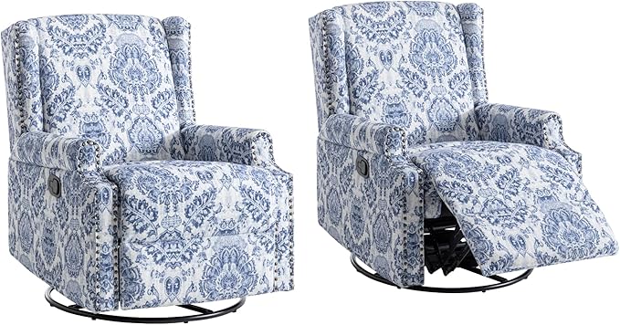 UIXE Swivel Rocker Manual Recliner Chairs Set of 2, Wingback Swivel Glider Fabric Nursery Reclining Sofa Chair, High Back Upholstered Arm Chair for Living Room Bedroom - Navy Floral