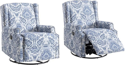 UIXE Swivel Rocker Manual Recliner Chairs Set of 2, Wingback Swivel Glider Fabric Nursery Reclining Sofa Chair, High Back Upholstered Arm Chair for Living Room Bedroom - Navy Floral