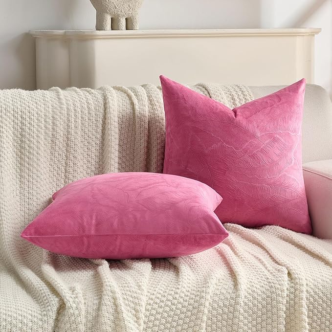 FUTEI Hot Pink Velvet Throw Pillow Covers 24x24 Inch Set of 2,Soft Embossed Leaf-Relief Textured European Cushion Cases,Natural Home Decor for Couch Living Room