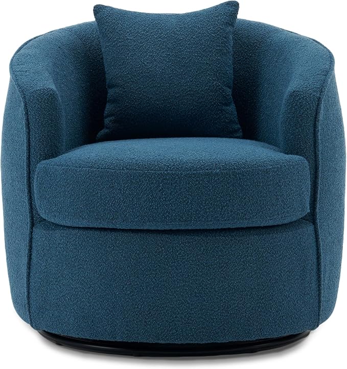 Swivel Accent Chair, Modern Upholstered Boucle Barrel Arm Chairs with Pillow for Living Room, 360 Degree Round Swivel Sherpa Armchair with Round Base for Bedroom Club (1, Dark Blue)