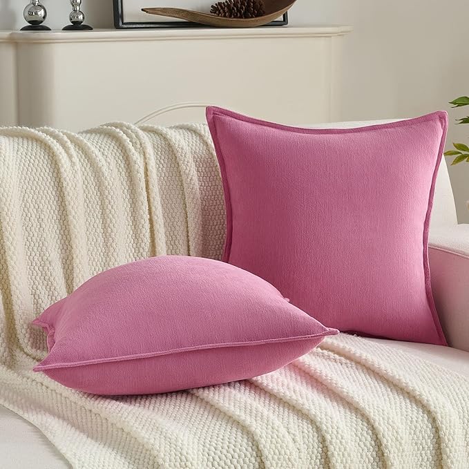 FUTEI Hot Pink Chenille Throw Pillow Covers 24x24 Inch Set of 2,Edges Double-Stitched European Cushion Cases,Modern Home Decor for Couch Living Room