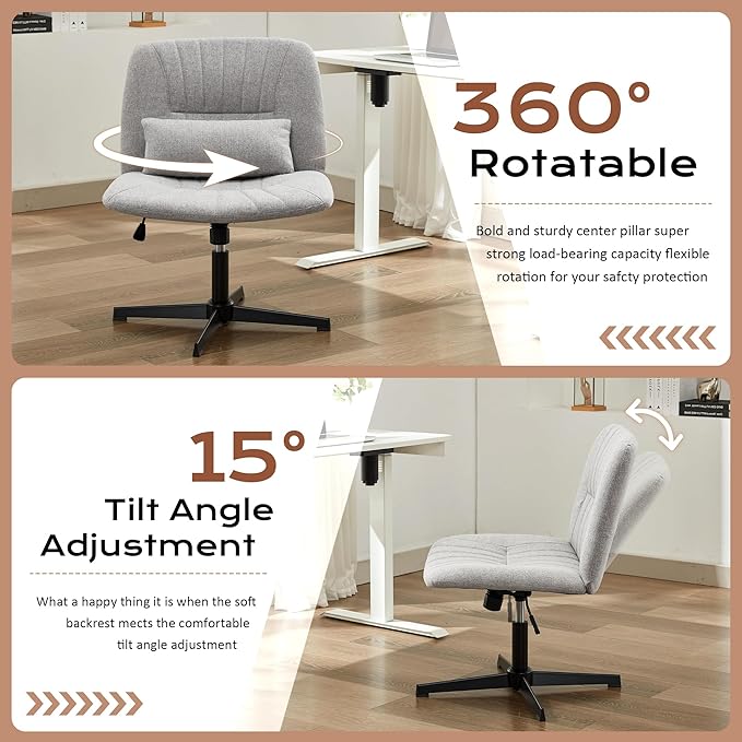 URRED Criss Cross Office Chair, Armless Cross-Legged Desk Chair with Fixed Legs, Height Adjustable Wide Seat Task Vanity Chair for Home Office or Bedroom (Grey)