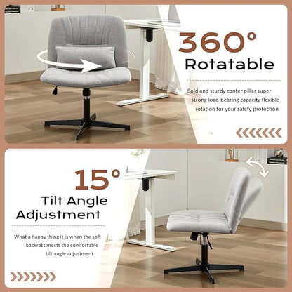URRED Criss Cross Office Chair, Armless Cross-Legged Desk Chair with Fixed Legs, Height Adjustable Wide Seat Task Vanity Chair for Home Office or Bedroom (Grey)