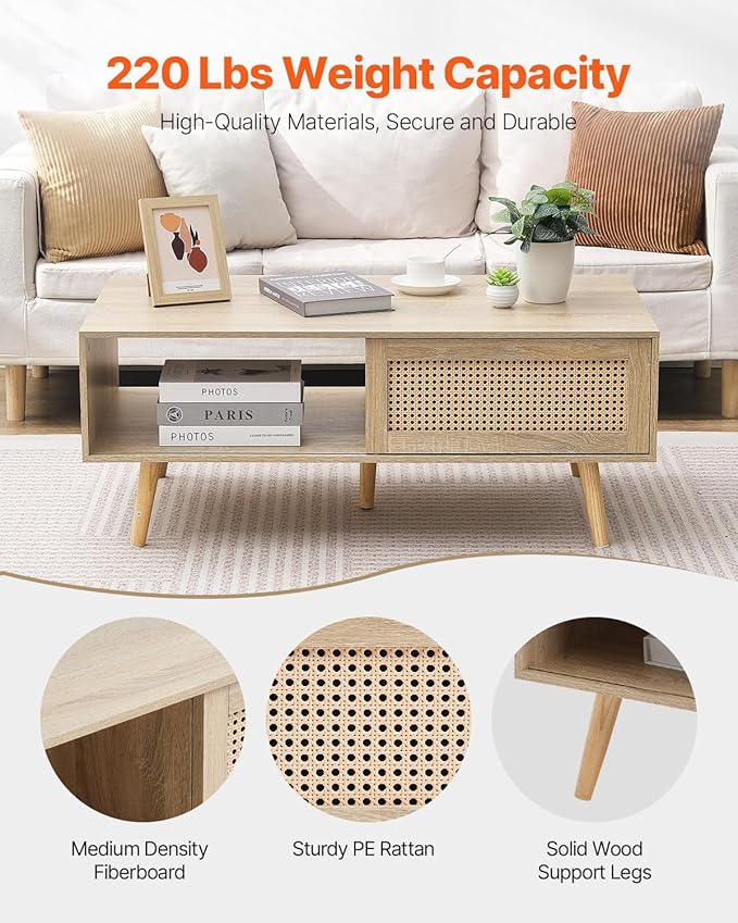 VEVOR Rattan Coffee Table, Mid Century Modern Table, Rectangle Wood Table, 42 Inch Modern Boho Style Two Layers Storage Coffee Table, for Living Room, Bedroom & Small Spaces