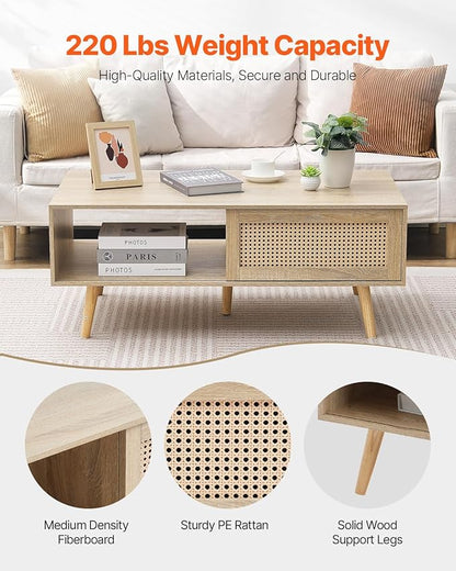 VEVOR Rattan Coffee Table, Mid Century Modern Table, Rectangle Wood Table, 42 Inch Modern Boho Style Two Layers Storage Coffee Table, for Living Room, Bedroom & Small Spaces
