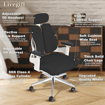 Ergonomic Office Chair Big and Tall Desk Chair, Dual-backrest Computer Chair with 6D Adjustable Arms and Lumbar Support, 500lbs Extra Wide Seat, for Home & Office Use,Black