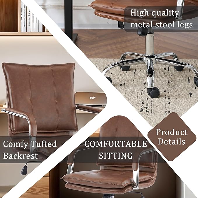 Mid-Back Ergonomic Leather Office Chair, Modern Upholstered Executive Desk Chair with Gold Frame Armrest Computer Task Chair (Brown &Silver Legs)
