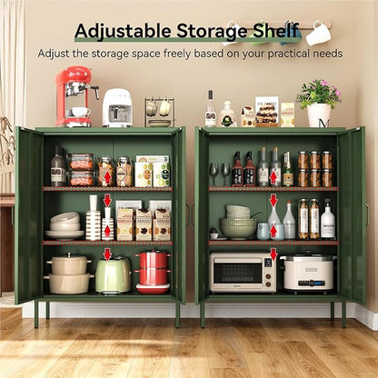 Metal Locker Cabinet, Green Storage Cabinets with 2 Doors and Adjustable Shelves, 3 Tier Modern Storage Freestanding Sideboard for Living Room,School,Office Home Kitchen and Coffee Bar
