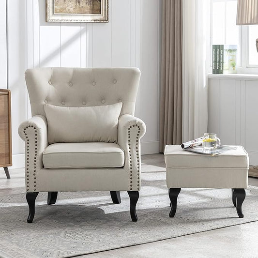 chairus Mid-Century Modern Accent Chairs with Ottoman Set of 2, Comfy Linen Single Sofa Chair Button Tufted Wingback Armchairs with Pillow for Living Room/Bedroom/Club - Beige