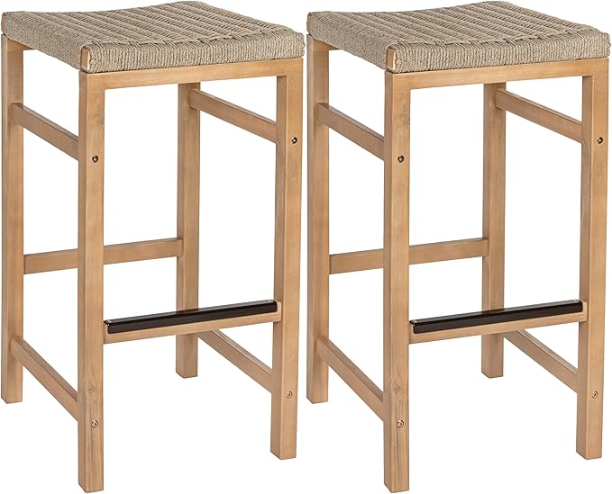JONATHAN Y BSL1201A-SET2 Armand 30" Modern Coastal Backless Acacia Wood Outdoor Bar Stool with Woven Rope Seat, for Pool, Deck, Poolside, Light Teak/Ivory (Set of 2)