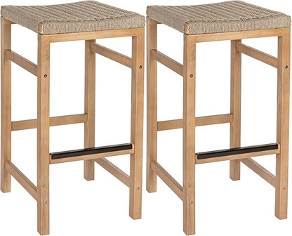 JONATHAN Y BSL1201A-SET2 Armand 30" Modern Coastal Backless Acacia Wood Outdoor Bar Stool with Woven Rope Seat, for Pool, Deck, Poolside, Light Teak/Ivory (Set of 2)