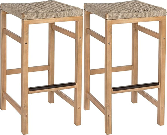 JONATHAN Y BSL1201A-SET2 Armand 30" Modern Coastal Backless Acacia Wood Outdoor Bar Stool with Woven Rope Seat, for Pool, Deck, Poolside, Light Teak/Ivory (Set of 2)