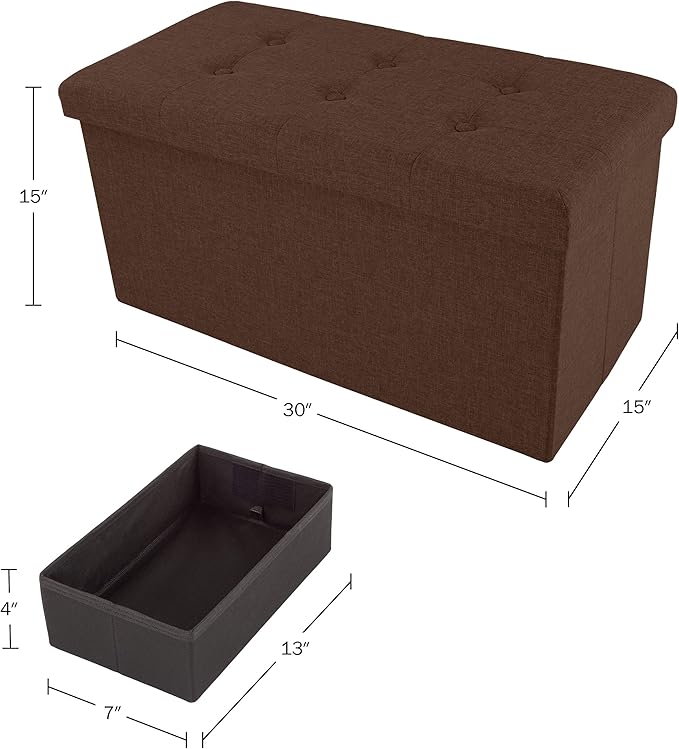 Folding Storage Ottoman - 30-Inch Tufted Footrest, Linen Chest, or Bench with Removable Bin for Living Room, Bedroom, or Dorm by Lavish Home (Brown)