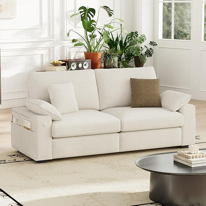 76" Loveseat Sofa, Cloud Foam Couch, 3 Seater Upholstered Midcentury Mondern Love Seat with USB Type C Ports, 4 Pillows and Flip-Open Storage Armrest for Living Room/Small Spaces, Beige