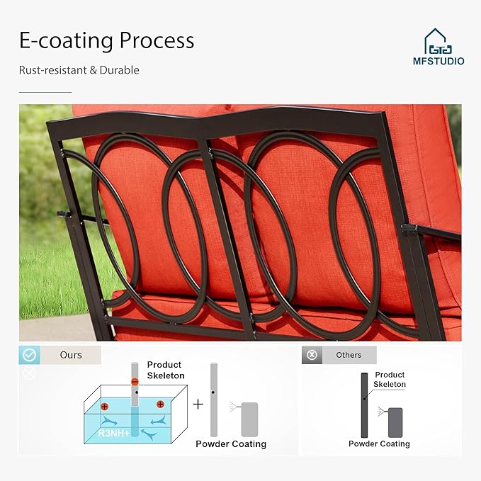 MFSTUDIO 5 PCS Outdoor Patio Furniture Set, Metal Outdoor Conversation Set, Rattan Wicker Patio Sectional Sofa Set with 2 x Rocking Single Sofa, 2-Seat and 3-Seat Sofa, 1 x Coffee Table, Red
