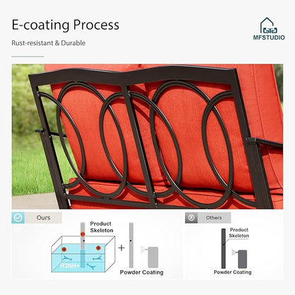 MFSTUDIO 5 PCS Outdoor Patio Furniture Set, Metal Outdoor Conversation Set, Rattan Wicker Patio Sectional Sofa Set with 2 x Rocking Single Sofa, 2-Seat and 3-Seat Sofa, 1 x Coffee Table, Red