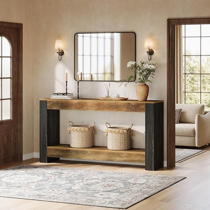 Tribesigns 63-Inch Long Console Table for Entryway, Farmhouse Wood Sofa Table Behind Couch for Living Room, Hallway, Entrance, Foyer, Rustic Brown & Black