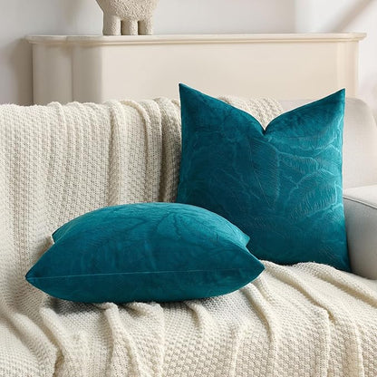 FUTEI Teal Velvet Throw Pillow Covers 20x20 Inch Set of 2,Soft Embossed Leaf-Relief Textured Cushion Cases,Natural Home Decor for Couch Living Room
