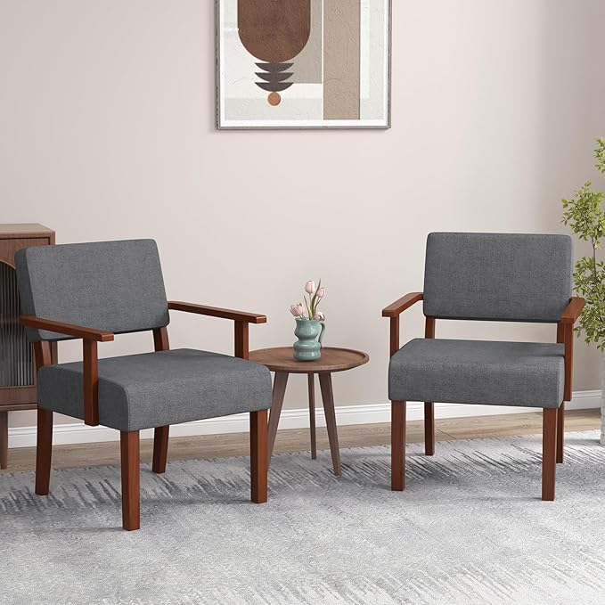 Giantex Modern Accent Chair Set of 2, Linen Living Room Arm Chair w/Soft Padded Seat & Backrest, Rubber Wood Frame, Mid Century Upholstered Reading Chair for Living Room, Bedroom, Reception, Grey