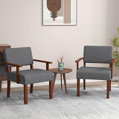 Giantex Modern Accent Chair Set of 2, Linen Living Room Arm Chair w/Soft Padded Seat & Backrest, Rubber Wood Frame, Mid Century Upholstered Reading Chair for Living Room, Bedroom, Reception, Grey