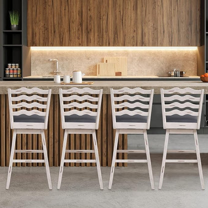 COSTWAY Bar Stools Set of 2, 29” 360° Swivel Bar Height Chairs with Rubber Wood Frame, Cushioned Seat, Ergonomic Backrest & Footrest, Wooden Upholstered Barstools for Kitchen Island (2, 29”)