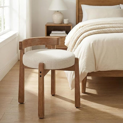 HNY Modern Linen Ottoman- Low-Back Makeup Seat & Lounge Footrest with Solid Wood Frame, Casual Style for Bedroom Dressing Area, Beige
