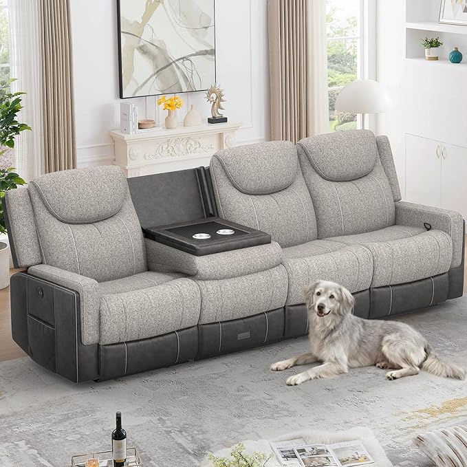 4 Seat Manual Reclining Sofa, Flip Middle Backrest 2-in-1 Recliner Couch with Large Storage Drawer, USB Ports & Cup Holders, Grey Linen & Leather 4 Seater Recliner Sofa for Living Room