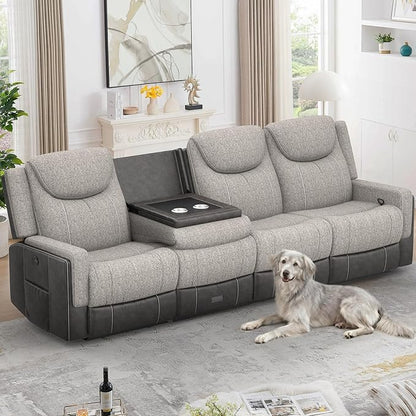 4 Seat Manual Reclining Sofa, Flip Middle Backrest 2-in-1 Recliner Couch with Large Storage Drawer, USB Ports & Cup Holders, Grey Linen & Leather 4 Seater Recliner Sofa for Living Room