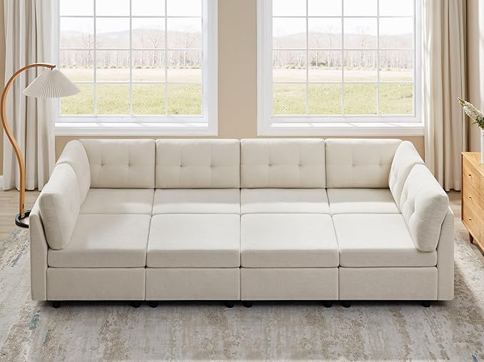 VANOMi 6 Seat Modular Sectional Sofa with 2 Ottomans, 118" Convertible Modular Cloud Sofa Bed, Comfy Chenille Sofas & Couches for Living Room, Apartment, Office, Beige, Large Sofa Bed
