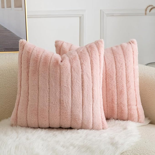 Pack of 2 Faux Fur Throw Pillow Covers 16x16 Inch Striped Decorative Soft Plush Couch Pillow Case Home Decor for Bed, Sofa, Living Room Pink