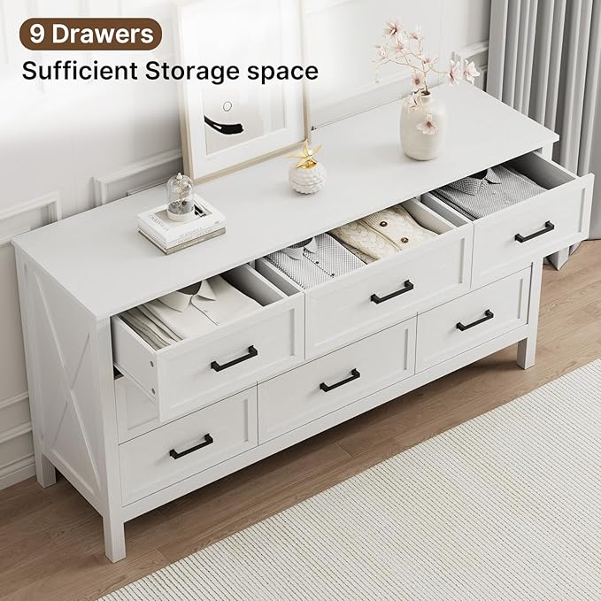 LYNSOM Farmhouse 9 Drawers Dresser for Bedroom, 55" Wide Wood Rustic Chest of Drawers with Natural Texture, Metal Handle, Storage Dressers Organizer for Entryway, Hallway, White