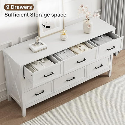 LYNSOM Farmhouse 9 Drawers Dresser for Bedroom, 55" Wide Wood Rustic Chest of Drawers with Natural Texture, Metal Handle, Storage Dressers Organizer for Entryway, Hallway, White