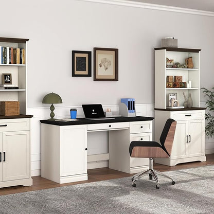 60.5" Executive Office Desk, Classic Computer Desk with File Drawer, Keyboard Tray Cabinet Storage, Farmhouse Wood Writing Desk for Home Office or Study, White with Black Desktop