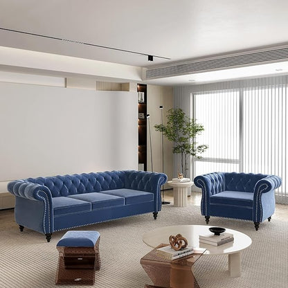 Living Room Chair, Modern Velvet Chesterfield Sofa Chair, Mid Century Single Sofa Couch Chair with Tufted Back and Rolled Arms, Accent Sofa Chair for Living Room Apartment, Blue