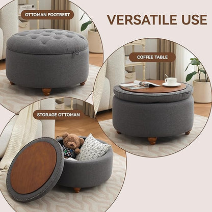 30Inch Round Storage Ottoman with Tray, Modern Tufted Fabric Circle Coffee Table with Storage, Upholstered Ottoman with Removable Top for Living Room, Bedroom, Dark Grey