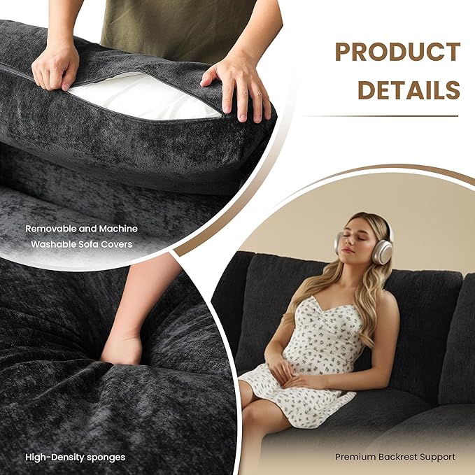 WJShome Sectional Couches for Living Room, 67 Inch Loveseat Sofa with Ottoman, Modern Chenille Fabric & Double Layer Cushions, Modular Couch for Apartment/Bedroom，Black